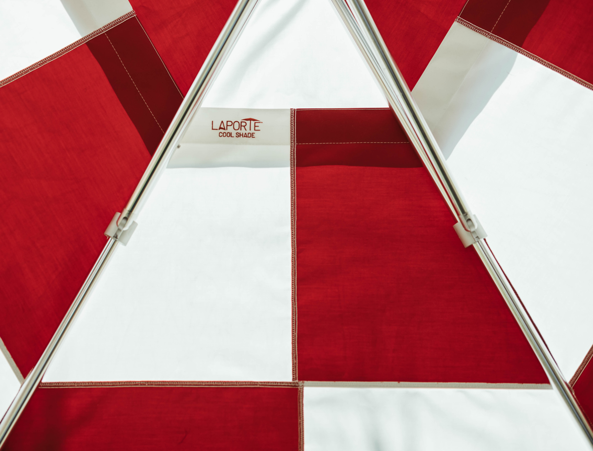 Red and White Umbrella Canopy with highlighted metallic bars. Red Cool Shade embroidered logo is visible.