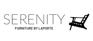 The word Serenity in thin white font above "Furniture by LaPorte". A chair frame sits beside it.