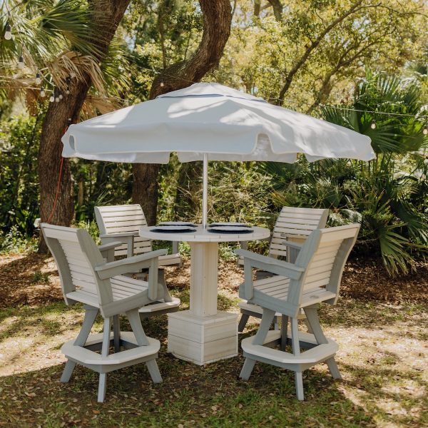 Palmetto High Tide Set in Sea Shell with Two Toned High Tide Chairs in Driftwood and Sea Shell. Canopy is in Sunbrella Hogan Arctic.
