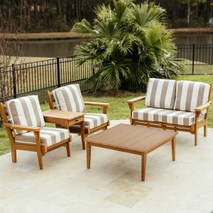 The Sweetgrass Gather Package in Antique Mahogany and Paxton Marble Cushions featuring the Sweetgrass Duo with center table, Sweetgrass loveseat, and Sweetgrass coffee table.