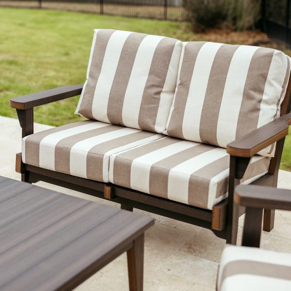 Sweetgrass Loveseat in Brazilian Walnut, featuring Paxton Marble Sunbrella® cushions