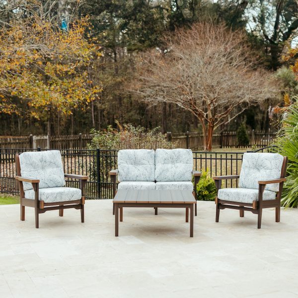Sweetgrass Signature Package in Brazilian Walnut with Sunbrella Calm Laurel Cushions. Package includes the Sweetgrass Loveseat, two Sweetgrass Chairs and a Sweetgrass Coffee Table.