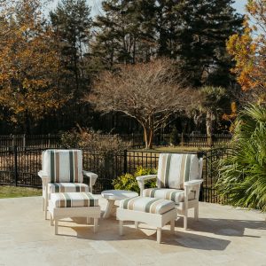 Sweetgrass Starter Package featuring two Sweetgrass chairs, two Bourbon ottomans, and a Bourbon side table.