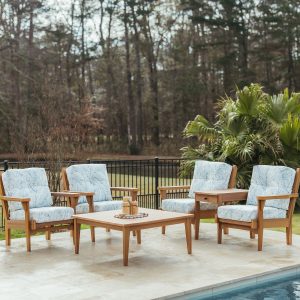 Sweetgrass Duo with Center Table and Sweetgrass Coffee Table in Antique Mahogany poly with Calm Laurel Sunbrella cushions